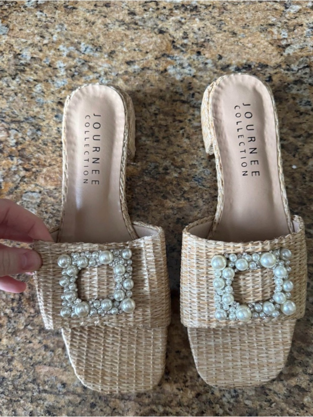 Journee Collection Woven Pearl-Buckle Slide Sandals - Natural